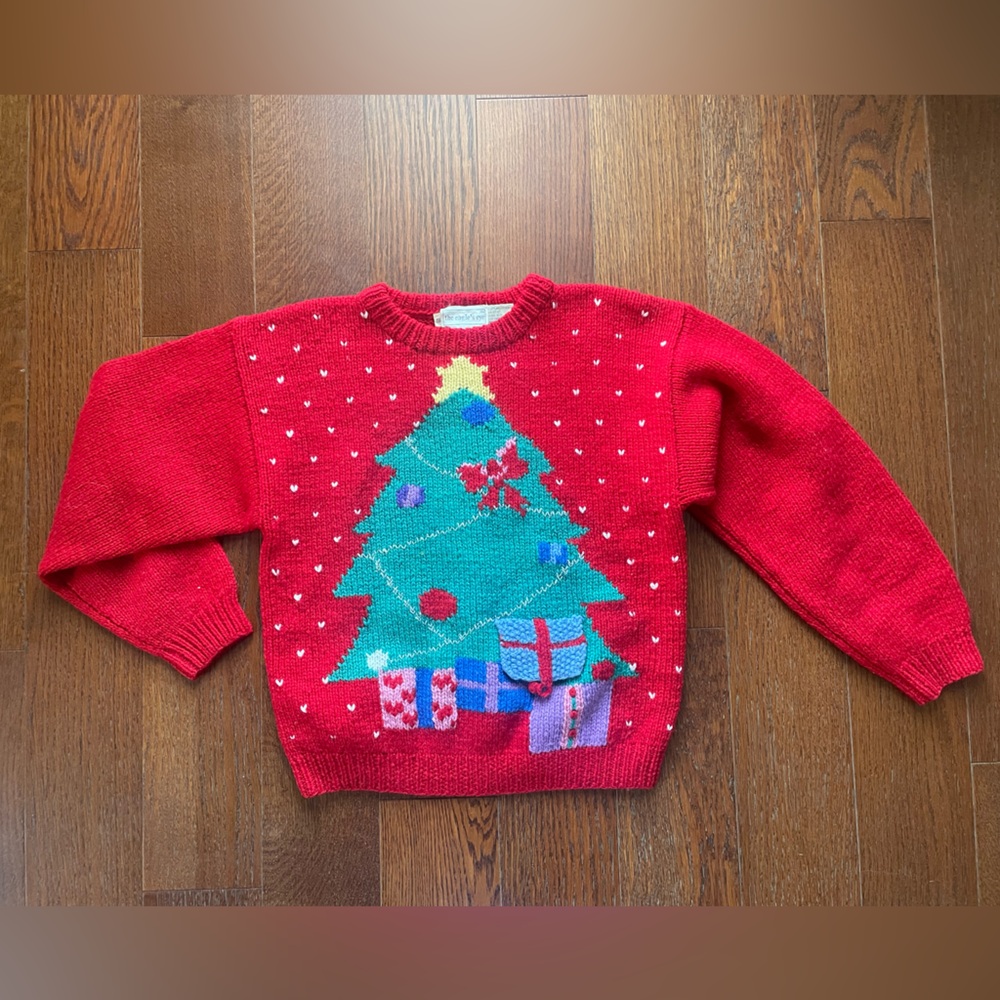 1980s Vintage Red Wool Christmas Tree Hand Knit Sweater by The Eagle's Eye